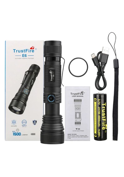 Trustfire E6 Zoomlu El Feneri 1500 Lümen Siyah