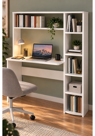 Sulorahome Kitaplıklı Çalışma Masası Beyaz