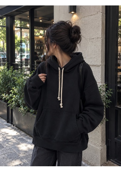 Stormwear Unisex Oversize Polar Sweatshirt Halat Kordonlu Kapüşonlu Cepli Sweat Siyah