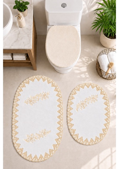 3lü Set Gold Fransız Dantelli Lüks Banyo Paspası Kaymaz Tabanlı Çeyizlik Hediyelik Banyo Paspas Seti