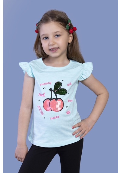 Toontoy Kids Toontoy Kız Çocuk Çevirmeli Pullu Kiraz Baskılı Tişört Su Yeşili