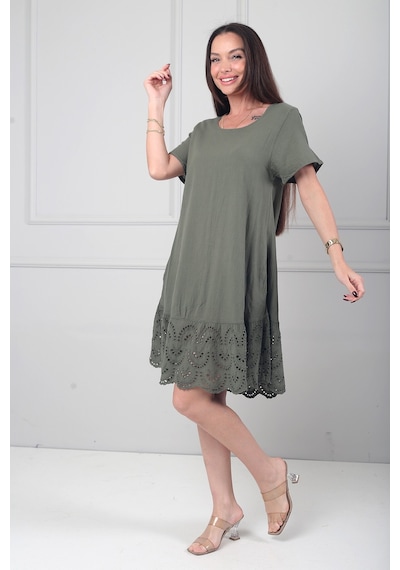 By Saygı Kadın İtalyan Kısa Kollu Eteği Fisto Astarlı Cepli Cotton Midi Elbise Haki
