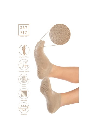 Saysez Bambu Kadın Kaydırmaz Bej Vizon Taban Silikon Baskı Pilates Yoga Fitness Dans Aktivite Patik Çorabı Renkli