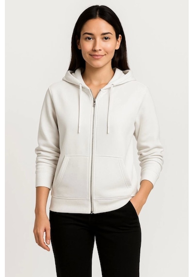 Etiler Collection Üç İplik Kapüşonlu Tam Fermuarlı Kanguru Çepli Sweatshirt Hoodie - Beyaz