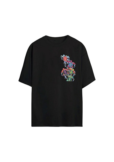 Thewert Unisex 5 Renkli Kaplumbağa Baskılı Siyah Oversize Tshirt