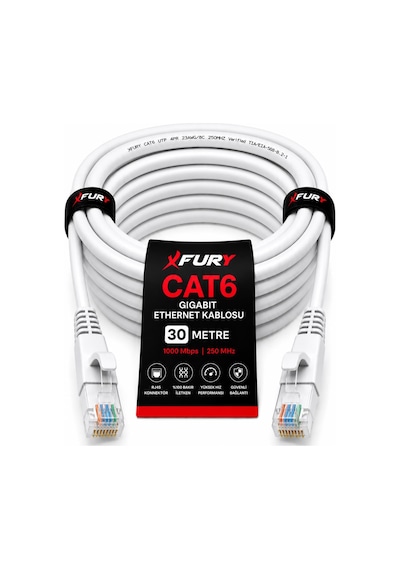 Fury Cat6 Ethernet Kablosu 30 Metre Rj45 Lan İnternet Modem Router Bilgisayar Kablosu