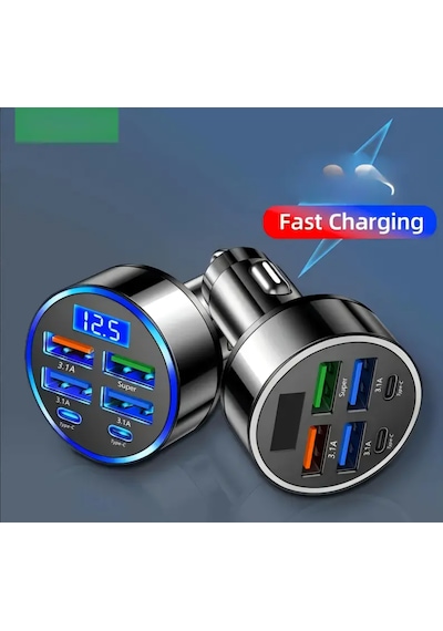 Dijital Ekranlı 6 Çıkışlı Süper Hızlı Araç Içi Şarj Aleti Başlığı Süper Hızlı Şarj Mevcuttur Usb + Type-c
