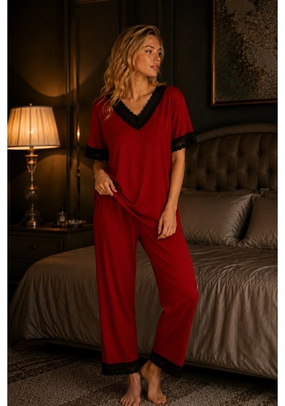 Elitol Fitilli Örme Dantel Detaylı Kadın Pijama Takımı Kırmızı-7