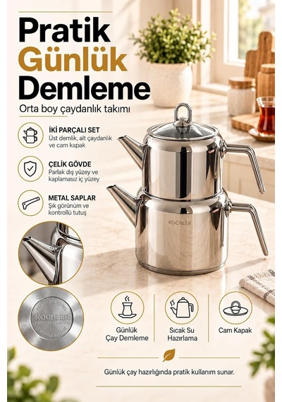 Tr Dila Çelik Çaydanlık Cam Kapaklı, Metal Saplı Orta Boy Çaydanlık Seti Genel