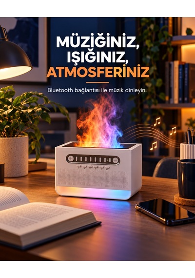 Alev Efektli Aroma Difüzör Beyaz Gürültü Sesli Hoparlörlü 7 Renk Led Işıklı Dekoratif Hava Nemlendirici Buhar Makinesi Ses Seviyesi Ayarlı