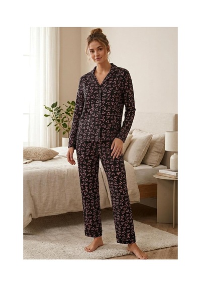 Fit Women Pembe Kalp Desenli Uzun Kollu Pijama Takımı 4602 -siyah