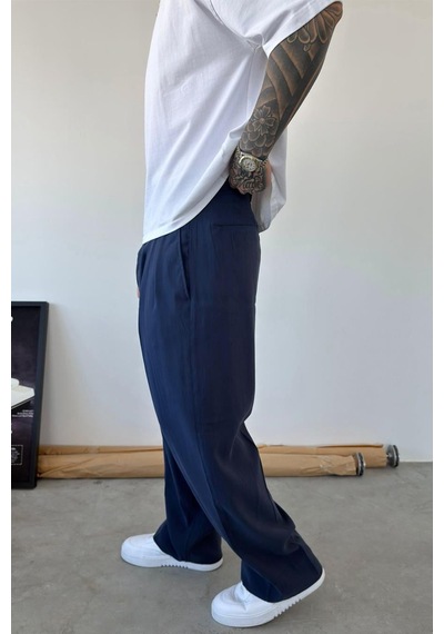 Lacivert Pileli Modal Kumaş Baggy Pantolon Lacivert