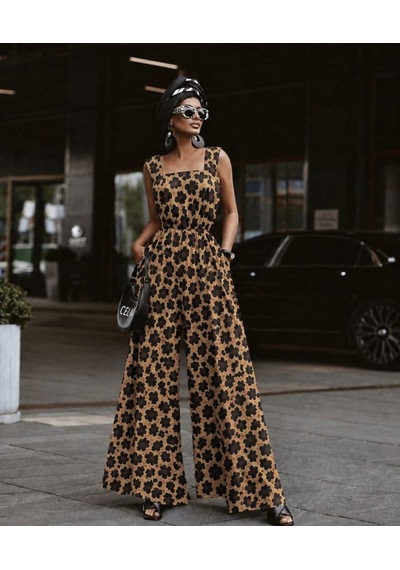 Efnaz Style Kadın Askılı Kare Yakalı Desenli Kemersiz Uzun Süprem Tulum Leopar