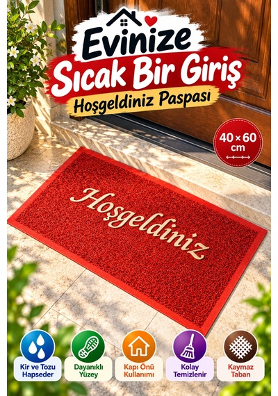 Kırmızı 40x60 Cm Hoşgeldiniz Yazılı Kapı Önü Paspası Kıvırcık Dokulu Altın Yazılı Dekoratif Ev Paspası