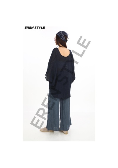 Eren Style Bohem Kuruvaze Tek Düğmeli Keten Bluz-9884 Lacivert