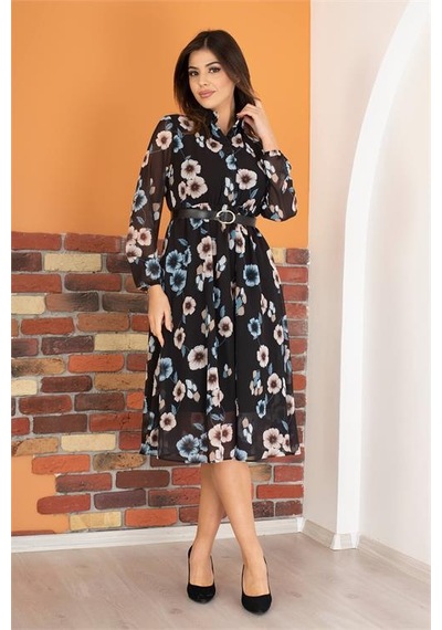 Neşeli Butik Kadın Siyah Kemerli Gömlek Yaka Şifon Elbise Ry0031 Mint Yeşili