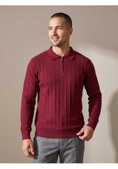 Maccali Erkek Bordo Fitil Detaylı Fermuarlı Polo Yaka Triko Sweatshirt