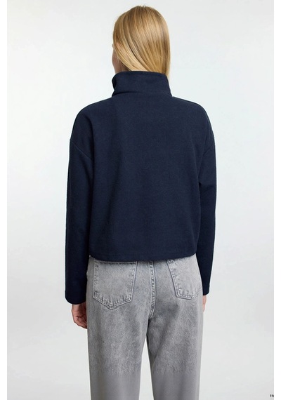 Benerly Kadın Fermuarlı Yaka Düşük Kol Selanik Örme Sweatshirt Fonksiyone Lacivert