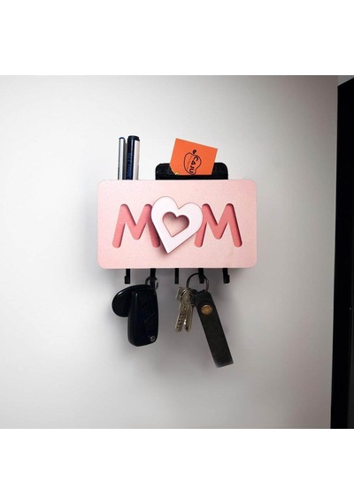Pembe Kalpli Mom Anne Yazılı Bölmeli Anahtarlık Duvar Askılık Dekor Diğer