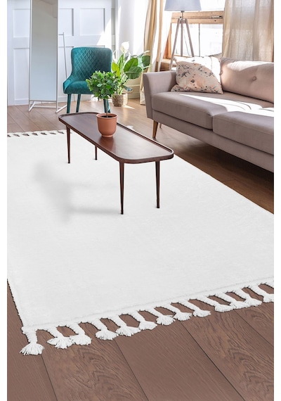 Dijidekor Peluş Halı Beyaz Cool Düz Desenli Saçaklı Kesme Pos...