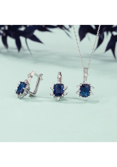 Gümüş Pazarım Pırlanta Montür Prenses Tektaş Gümüş Set Safir