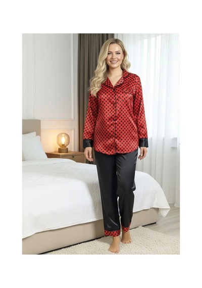 Siyah-kırmızı Saten Pijama Takımı Renkli
