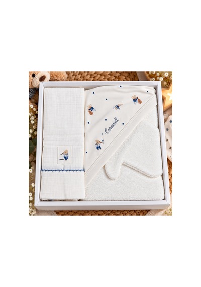 %100 Organik Pamuklu Banyo Seti Muslin Havlu, Kapüşonlu Havlu ,1 Adet Kese 2566 2548 İndigo 90 X 82