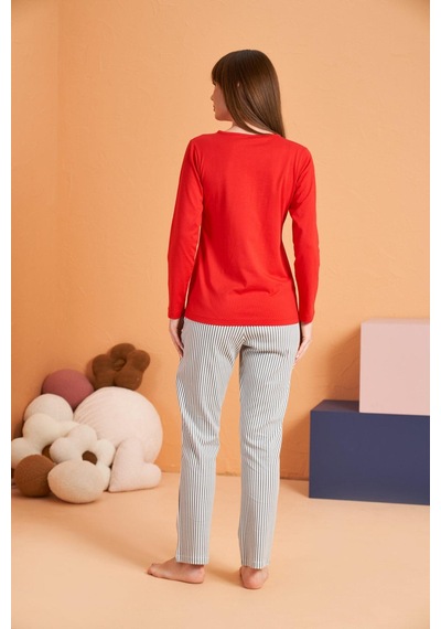 Pjs Kadın Anne-kız %100 Pamuklu Kalpli Desenli Çizgili Uzun Kollu Pijama Takım Kırmızı