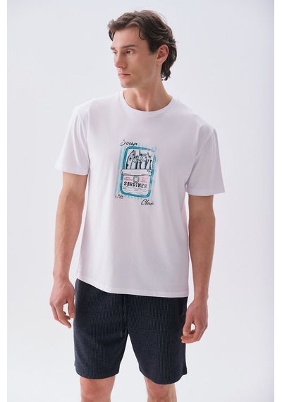 Mudo Erkek Erkek Beyaz Baskılı Comfort Fit Bisiklet Yaka T-shirt 1267928