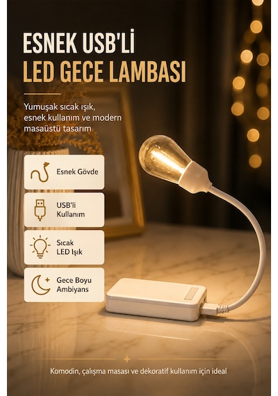 Esnek Usb'li Led Gece Lambası Çalışma Okuma Masa Lambası Powerbank Uyumlu Taşınabilir Ultra Hafif Beyaz