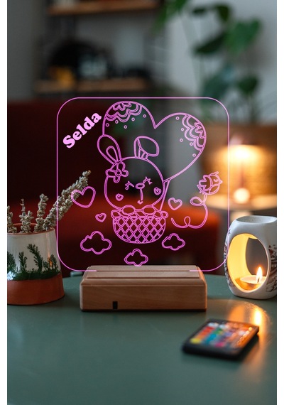 Kişiye Özel 3D Tavşan Ve Kalp Masaüstü Led Lamba