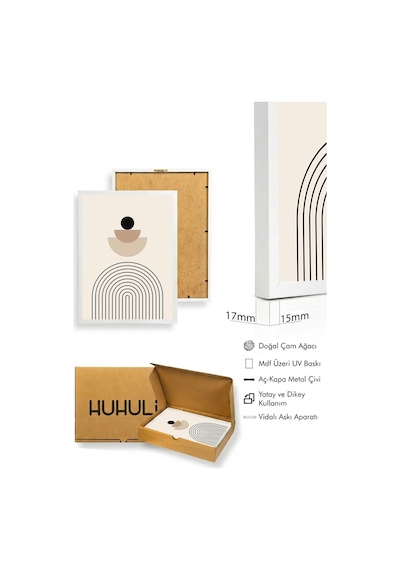 Beyaz Ahşap Çerçeveli Geometrik Desenli Tablo - Minimal Huhu1135