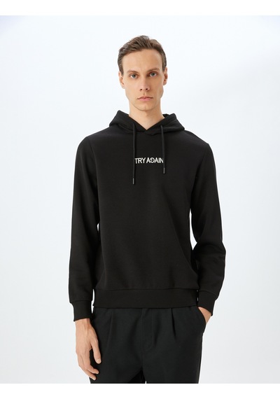 Koton Slogan Baskılı Pamuk Karışımlı Şardonlu Kapşonlu Sweatshirt Siyah 5wam70242mk Siyah