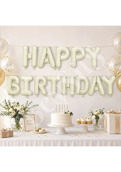 Happy Birthday Folyo Banner Krem Koyu Gümüş