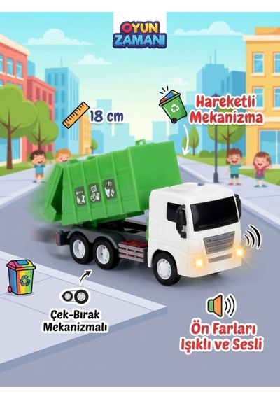 Işıklı Ve Sesli Çek Bırak Mekanizmalı 15 Cm Geri Dönüşüm Kamyonu Atık Kamyonu Oyuncak