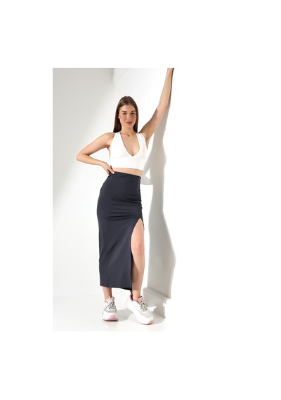 Winmoda34 Kadın Önden Derin Yırtmaçlı Dalgıç Etek Full Likralı Maxi Boy 92 Cm Füme