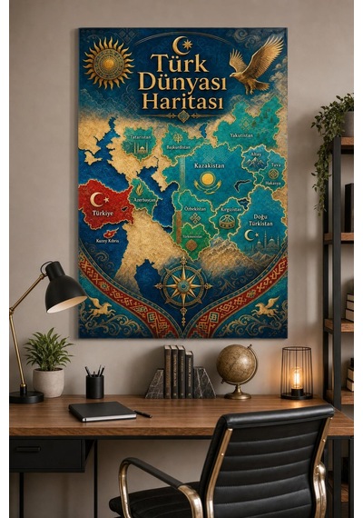 Türk Dünyası Haritası Baskılı Cam Tablo Uv Baskı Dekoratif Duvar Tablosu