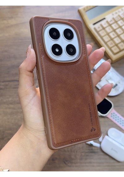 Redmi Note 14 Pro 5g Uyumlu Premium Deri Dokulu Darbelere Karşı Dayanıklı Nazal Silikon Kılıf Kahverengi