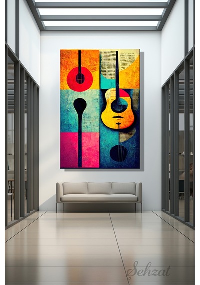 Duvar Tablosu Modern Dikey Kanvas Tekli Salon Mutfak Yatak Odası Ofis Müzik Renkli Gitar Nota