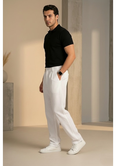 Bürke Çift Pileli Beyaz Beli Yarım Lastikli Kaliteli Keten Görünümlü Baggy Pantolon Bürke Çift Pileli Beyaz Beli Yarım Lastikli Kaliteli Keten Görünümlü Baggy Pantolon