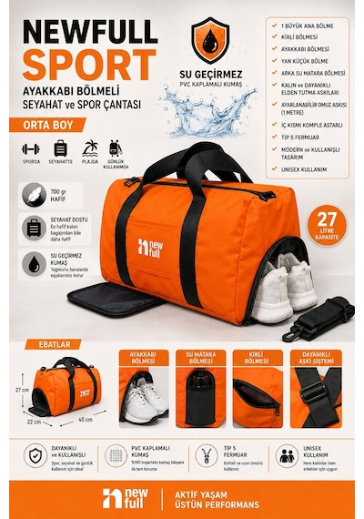 Newfull Sport Ayakkabı Bölmeli Astarlı Su Geçirmez Seyahat Ve Spor Çantası-orta Boy Turuncu