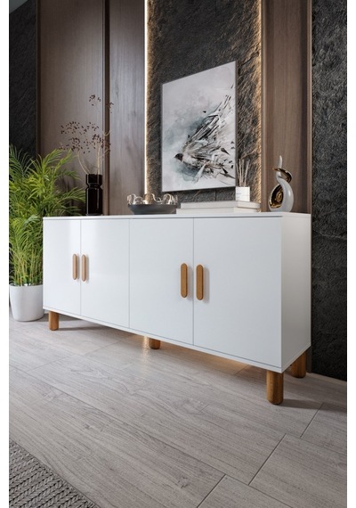 Bohem Serisi Riva Modern 160 Cm 4 Kapaklı Salon Konsolu - Beyaz