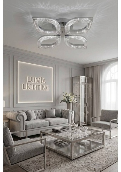 LumiaLighting Yonca Model Gümüş Kumandalı 4"lü Ledli 3 Renk Modu Kristal Salon Mutfak Yatak Çocuk Odası Avize