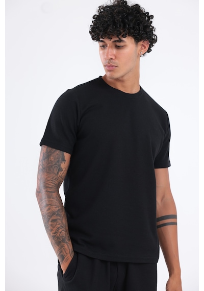 Rowinger Waffle Dokulu Nakış Logo Detaylı Oversize Erkek T-shirt Siyah