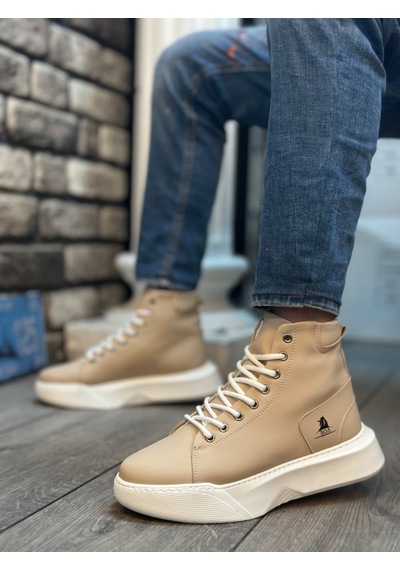 Ba0155 Bağcıklı Erkek Yüksek Taban Krem Beyaz Taban Spor Bot Krem