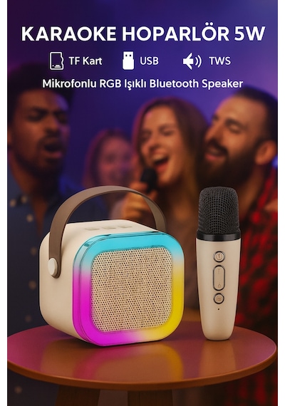 Karaoke Hoparlör 5w Tf Kart/usb/tws/ses Değiştirme Özellikli Mikrofonlu Rgb Işıklı Bluetooth Speaker
