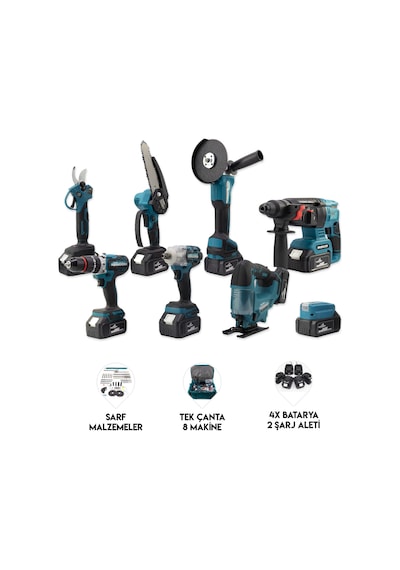 Dawreek Sekizli Set DBML (LED Aydınlatma+ Ş.Hilti+Ş.Spral+S.Sıkma+13 MM Ç.Mandren+Ş.Dekupaj+Budama Testeresi+Bağ Makası)