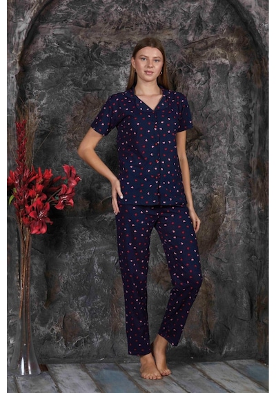 Yazlık Lacivert Puanlı Kısa Kol Pijama Takımı Yeni Sezon Lacivert