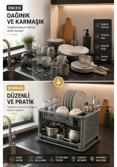 2 Katlı Geniş Hacimli Bulaşıklık Kaşıklık Bölmeli, Su Toplama Tepsili, Pratik Mutfak Düzenleyici Gri