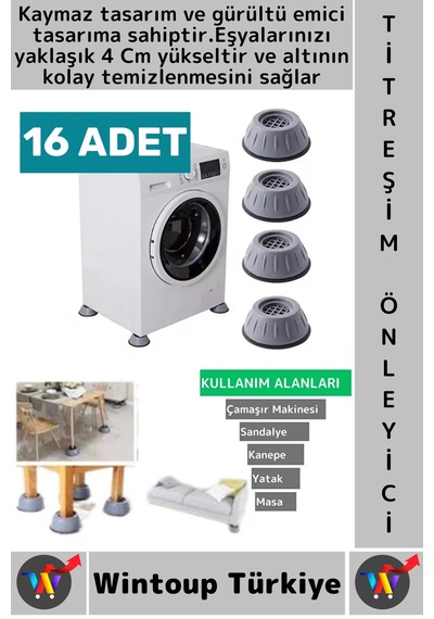 Titreşimönleyici Kaydırmaz Ses Titreşim Önleyici Çamaşır Makinesi Mobilya Sabitleyici Ayak 16 Adet Gri